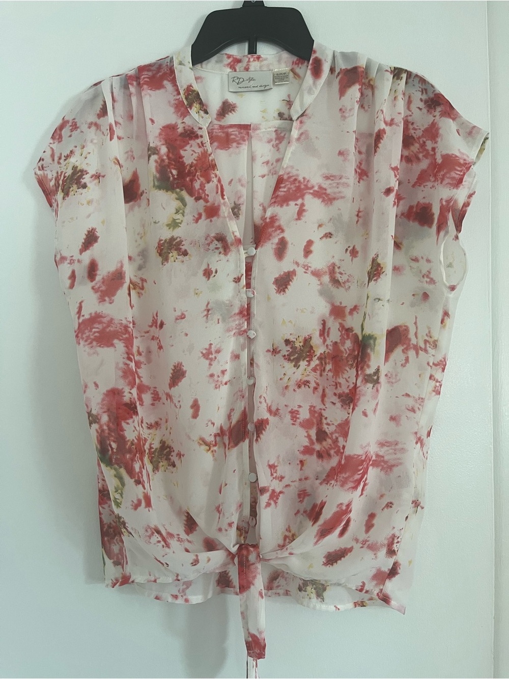 RD Style Sheer Tie-Front Blouse in Pink/Red and Cream Floral Size Small